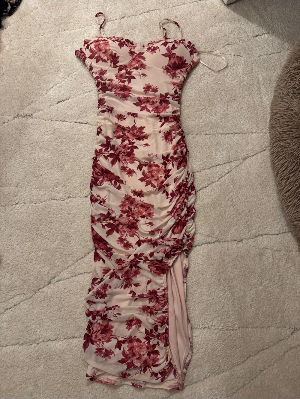 Floral Ruched Bustier Midi Dress in Blush and Wine